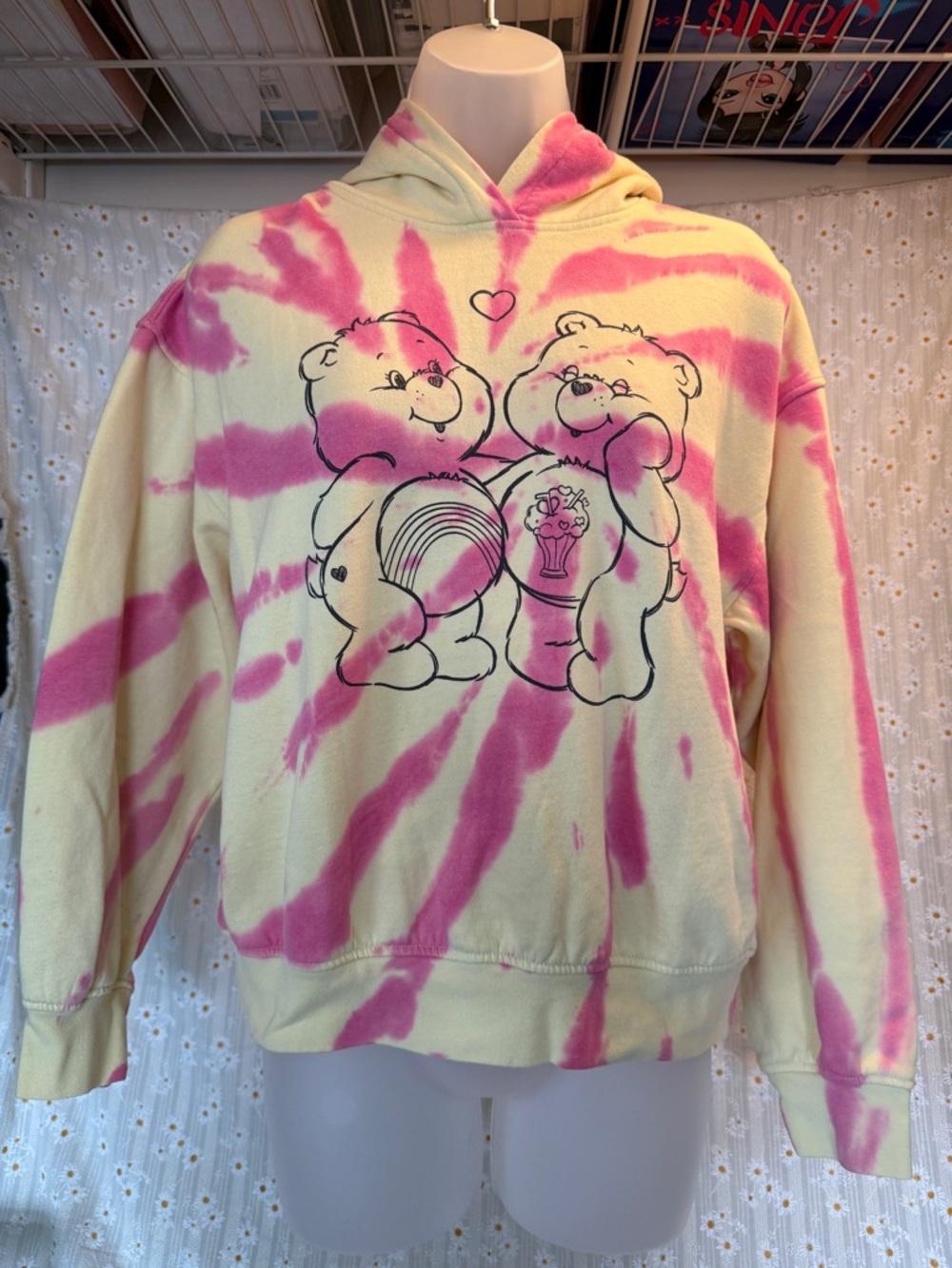 H&M Cream and Pink Tie-Dye Care Bears Graphic Hoodie